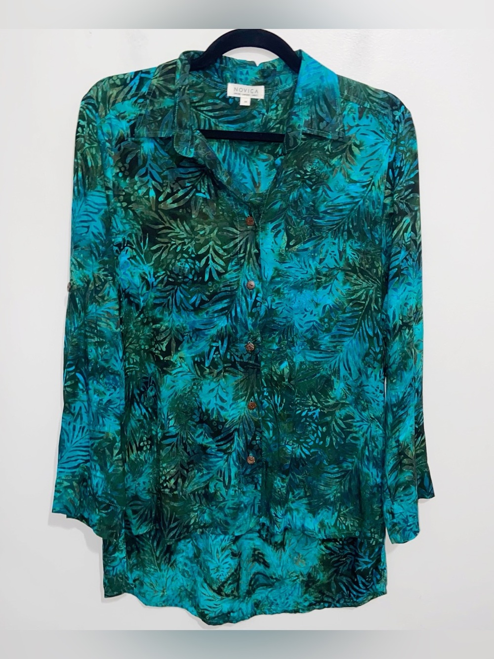Novica Top Womens Medium Batik Floral Button Hi-Low Tunic Shirt Beach Coastal